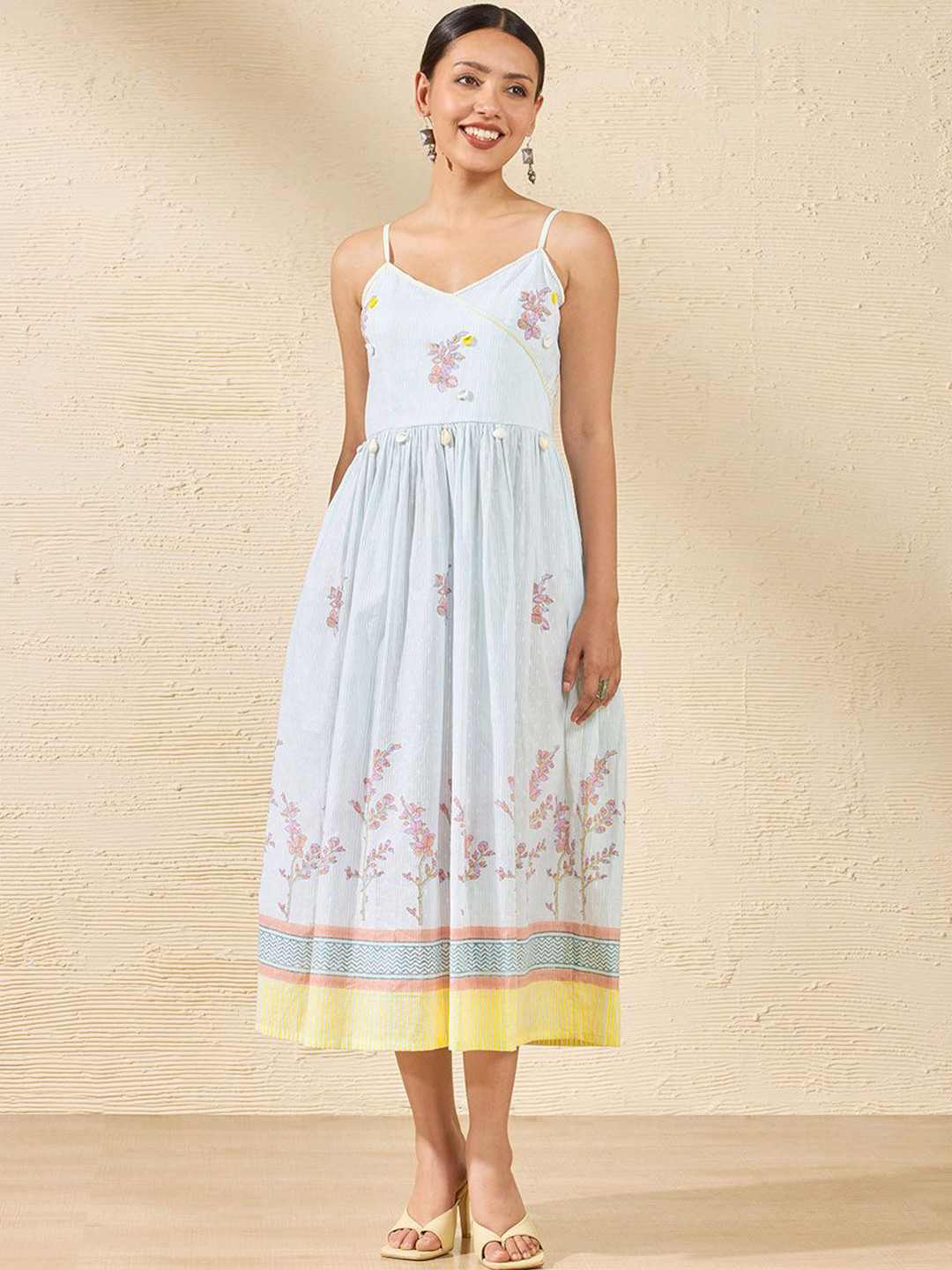 

Taneira Shoulder Straps Pure Cotton Sanganeri Fit & Flare Midi Dress, Blue