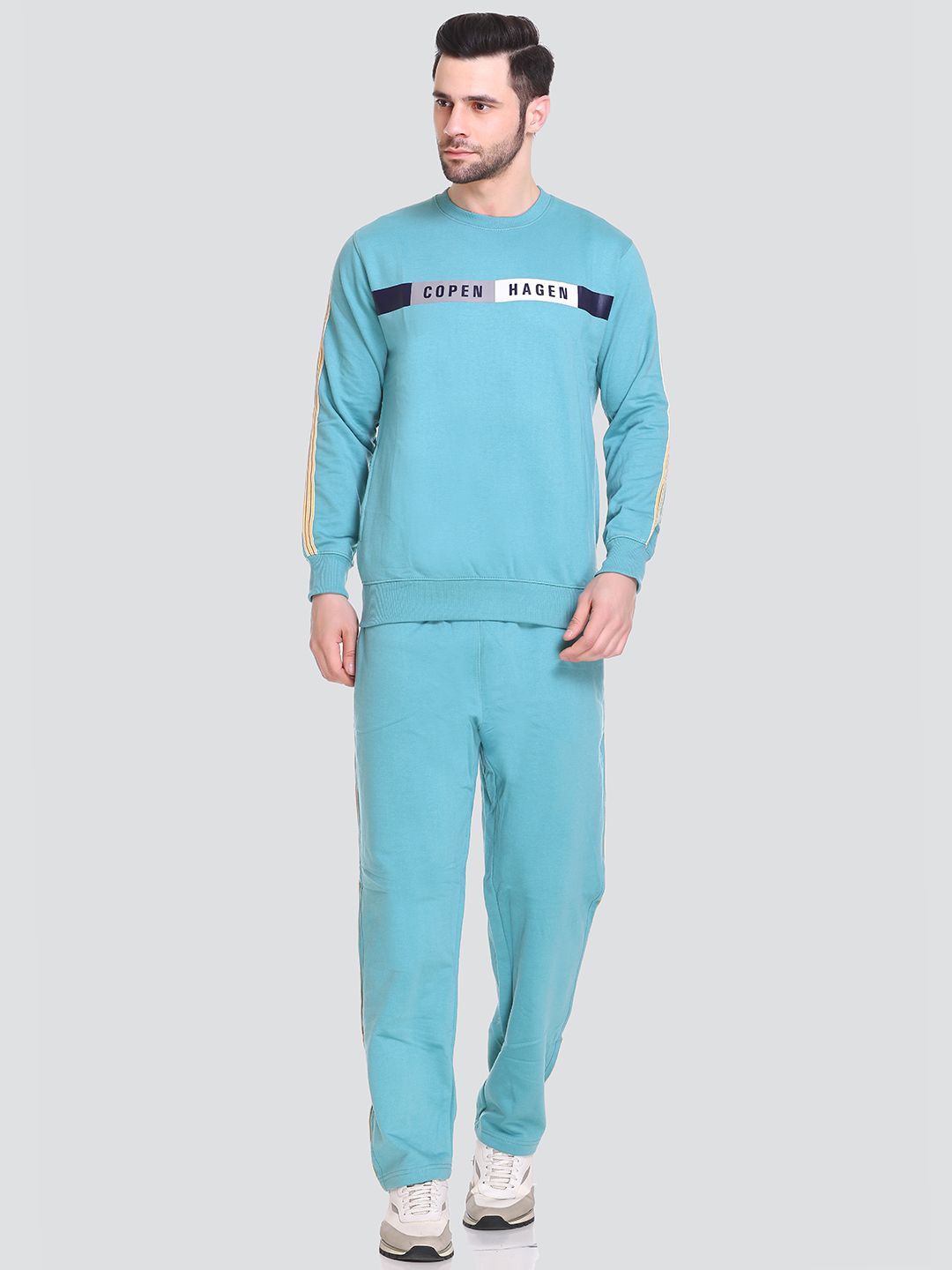 

HB Honey Bee Men Typography Printed Round Neck Cotton Fleece Tracksuit, Sea green
