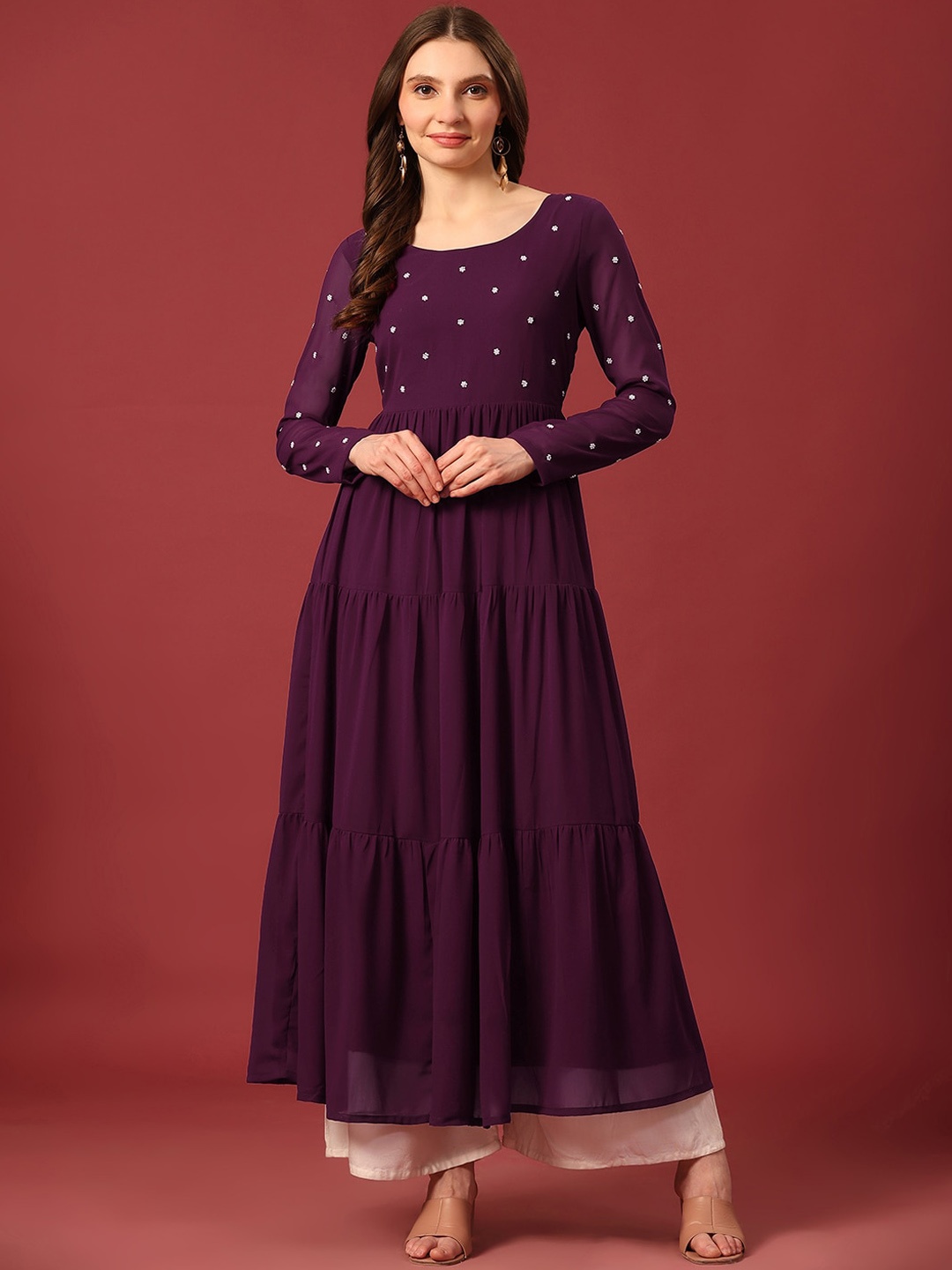 

Poshak Hub Floral Yoke Design Thread Work Georgette Tiered Anarkali Kurta, Purple