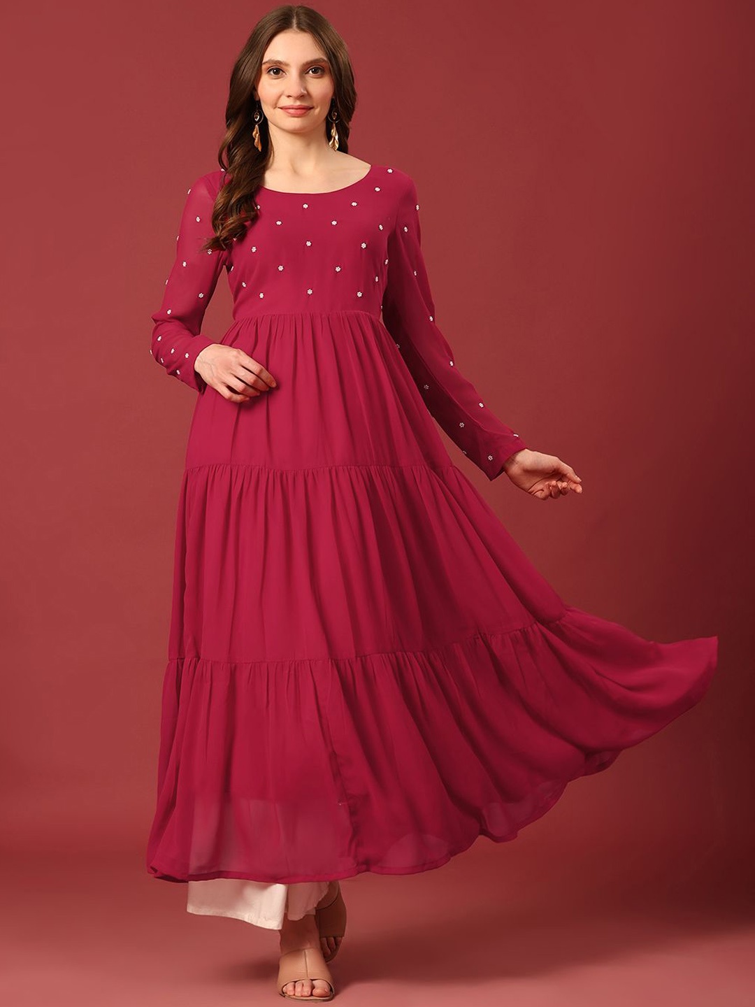 

Poshak Hub Floral Yoke Design Thread Work Georgette Tiered Anarkali Kurta, Pink