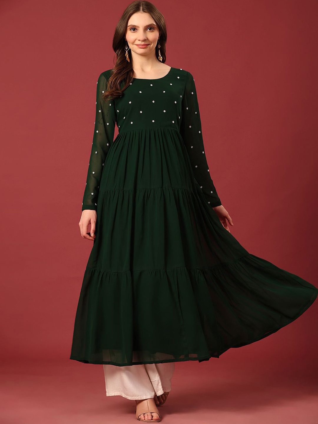 

Poshak Hub Floral Yoke Design Thread Work Georgette Tiered Anarkali Kurta, Green