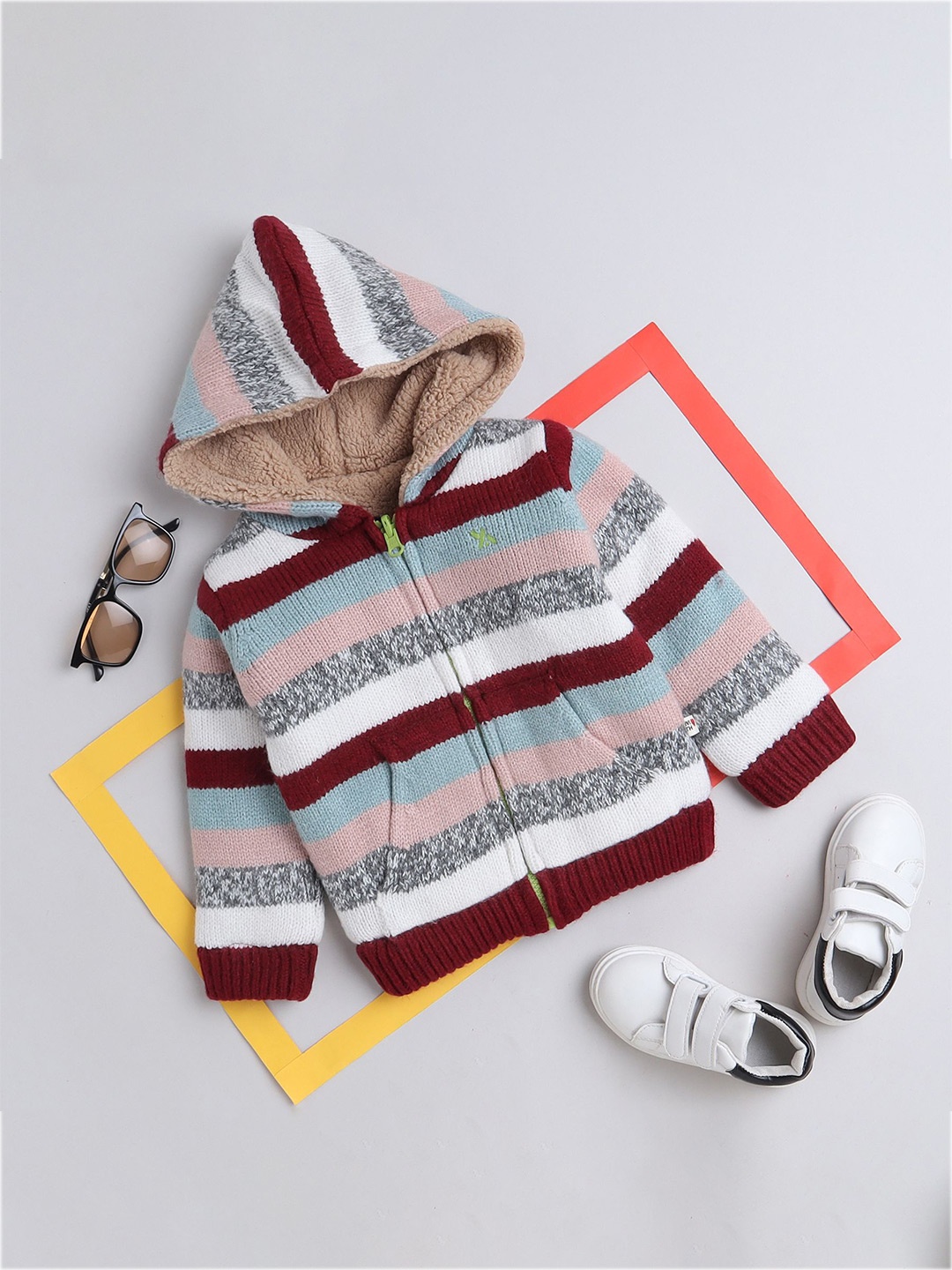 

Yellow Apple Boys Round Hooded Long Sleeves Striped Sweater, Maroon