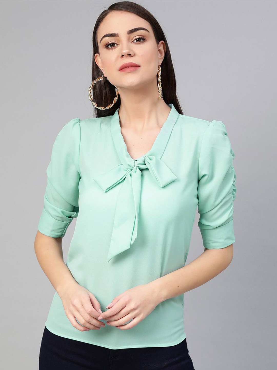 

Zima Leto Tie-Up Neck Puff Sleeves Gathered Shirt Style Top, Green