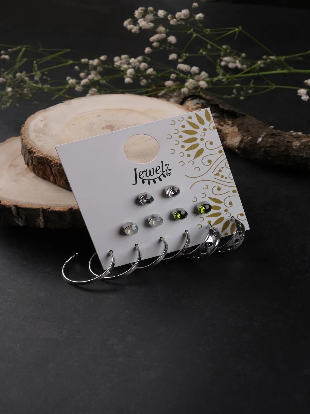 

Jewelz Set Of 6 Silver-Plated Stones Studded Contemporary Studs Earrings