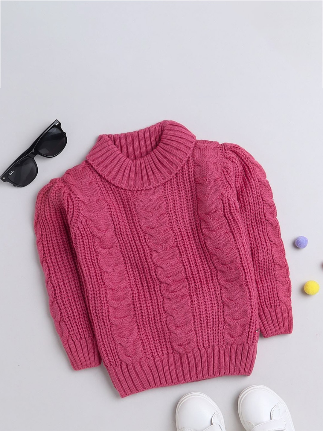 

Yellow Apple Girls Turtle Neck Long Sleeves Cable Knit Pullover, Pink