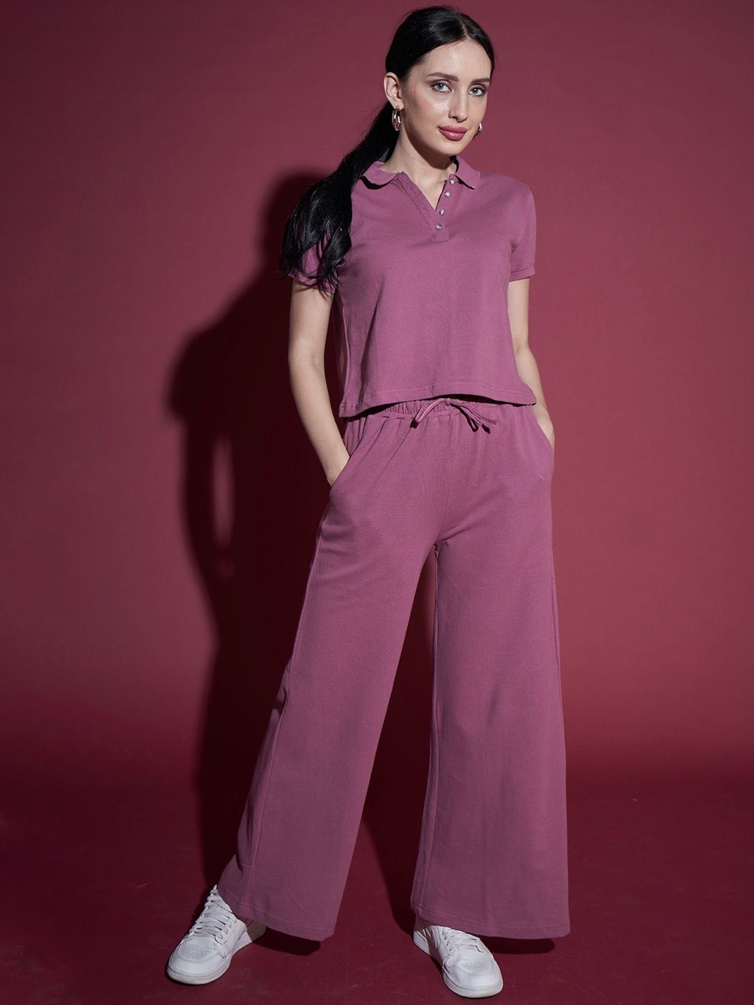 

brown sugar Polo Collar Short Sleeves Casual T-Shirt With Palazzos, Violet