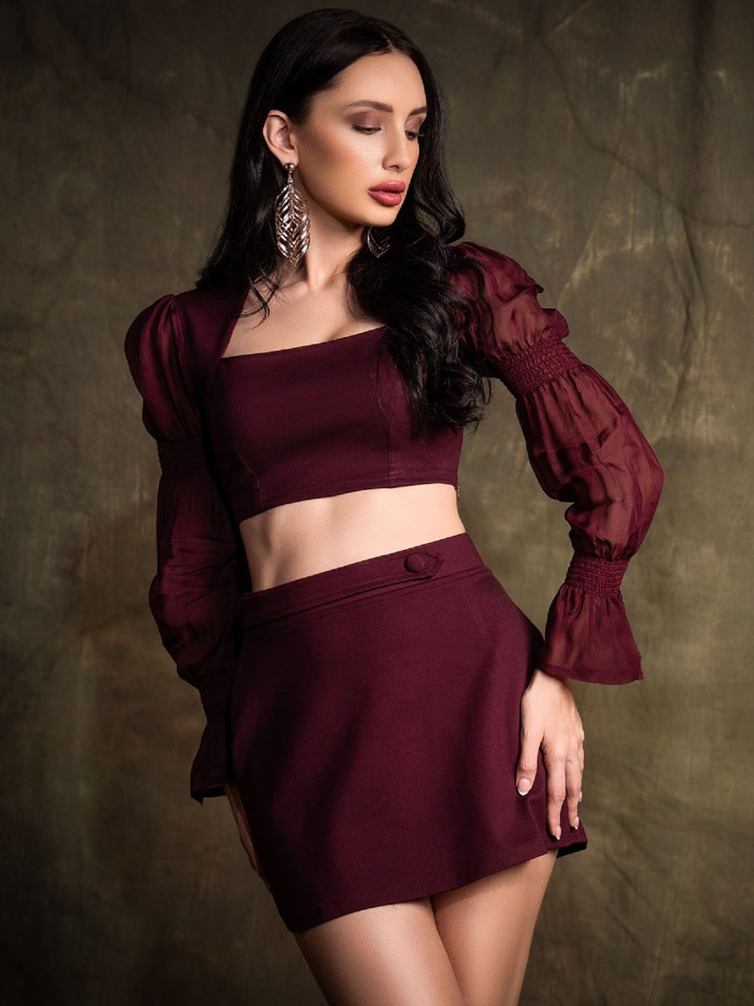 

brown sugar Party Puncher Square Neck Bell Sleeves Top With Mini Skirt, Maroon