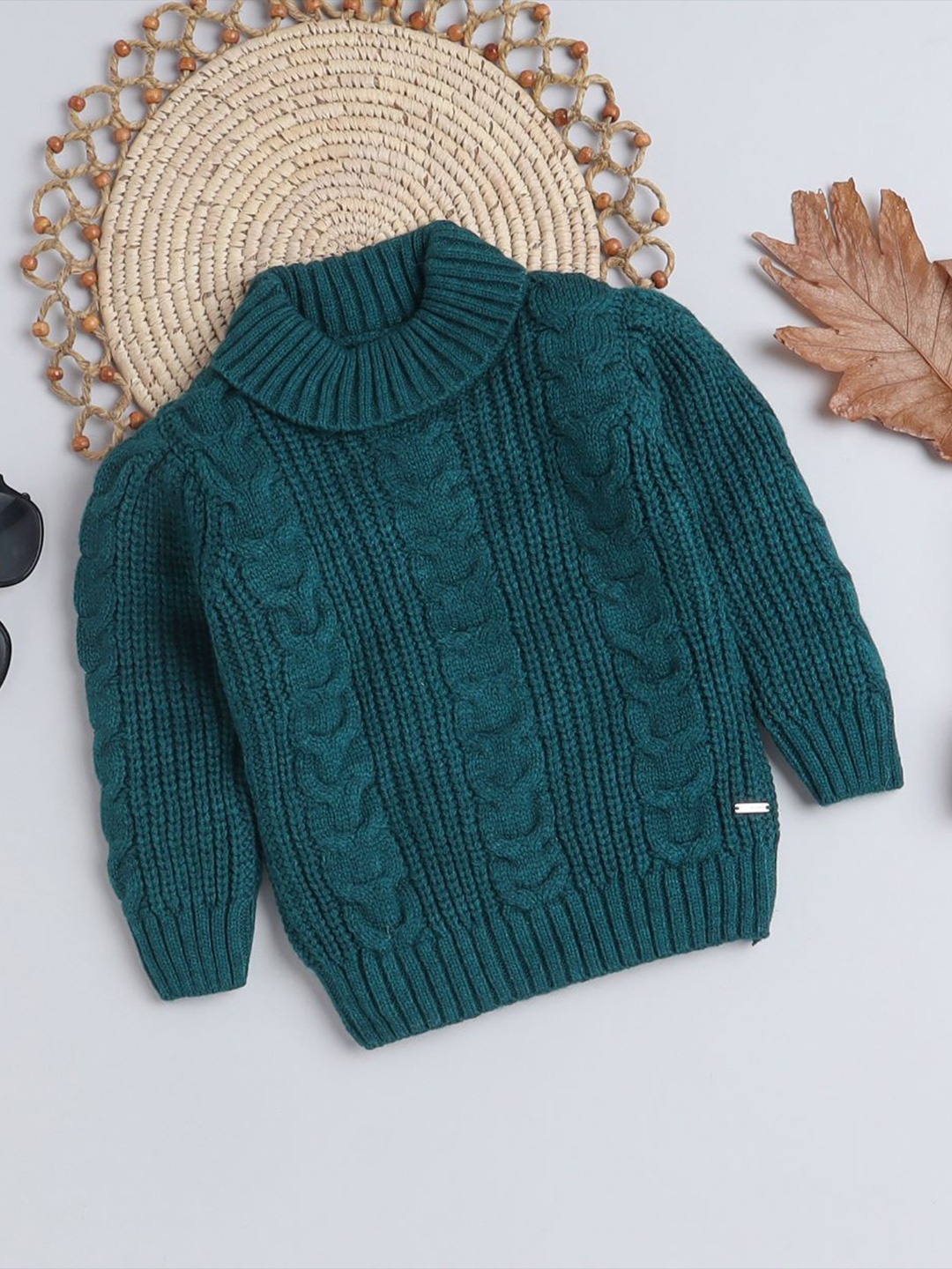

Yellow Apple Girls Turtle Neck Long Sleeves Cable Knit Pullover, Teal