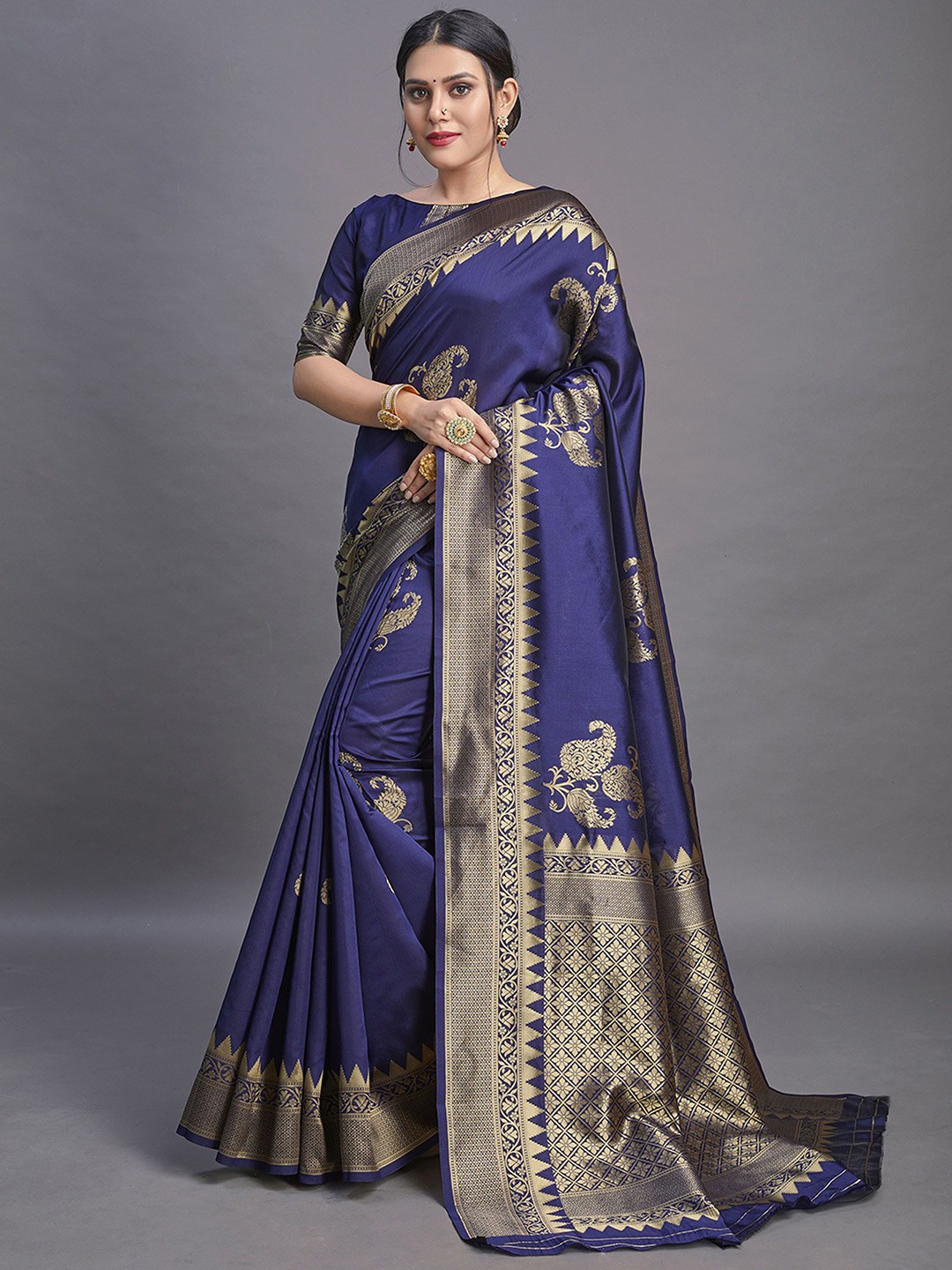 

V3 FASHION STUDIO Woven Design Zari Pure Silk Banarasi Saree, Blue