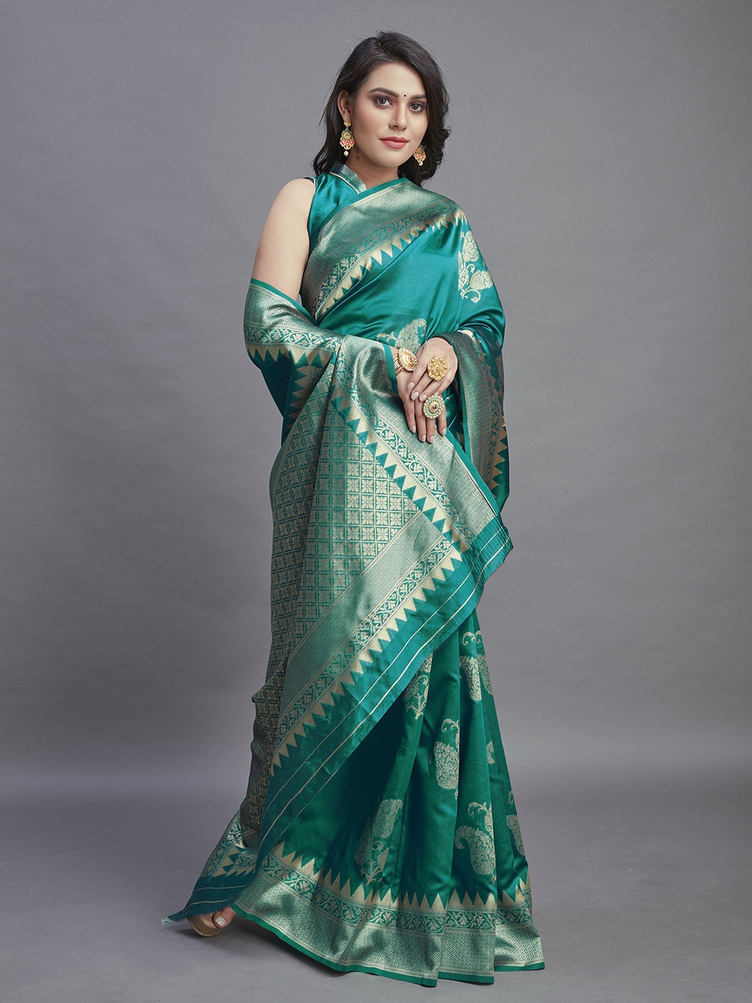 

V3 FASHION STUDIO Woven Design Zari Pure Silk Banarasi Saree, Turquoise blue