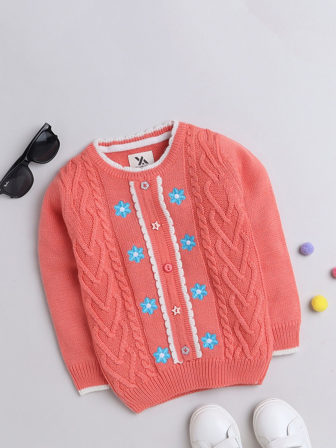 

Yellow Apple Girls Cable Knit Pullover Sweater, Coral