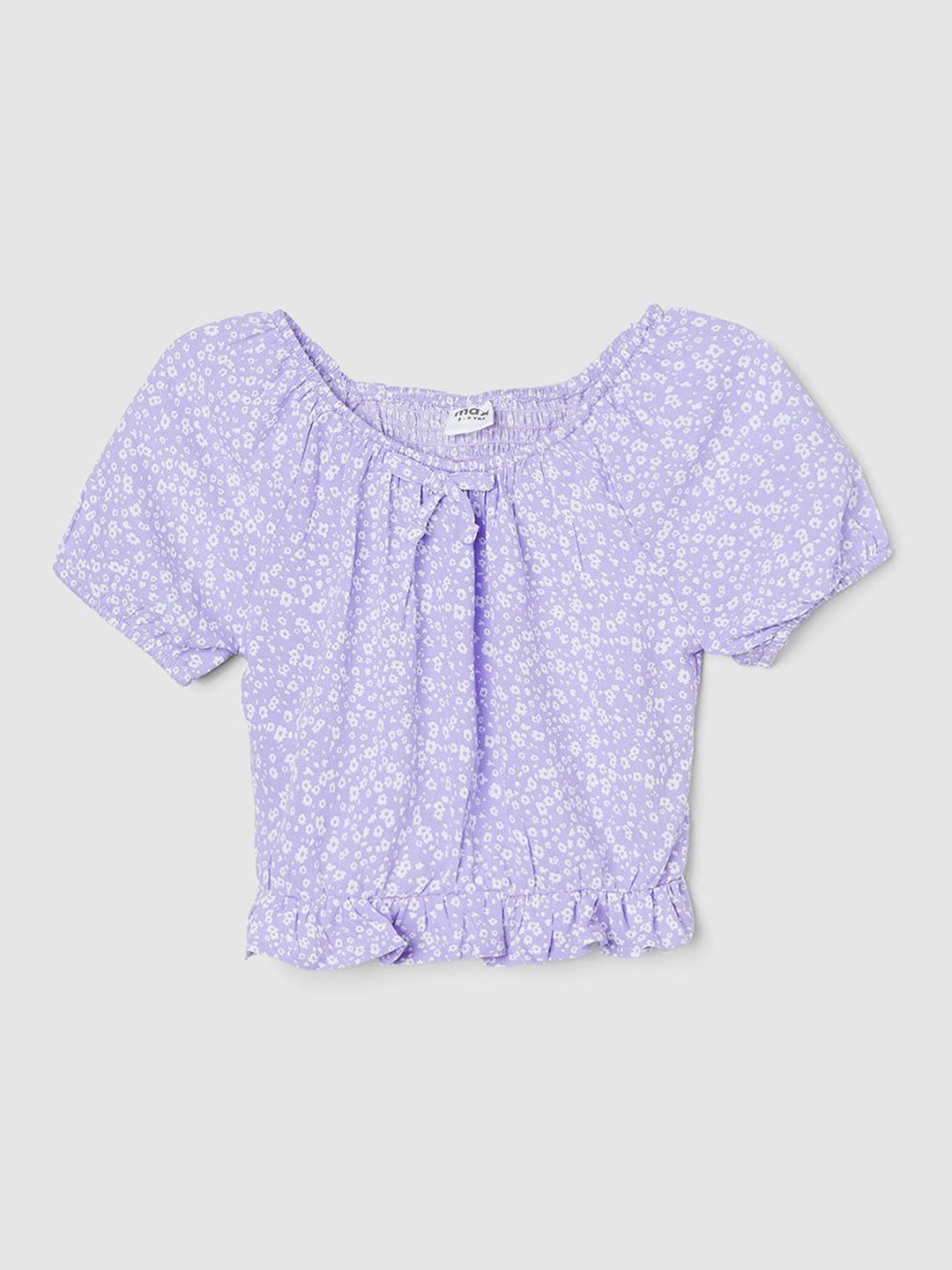 

max Girls Floral Printed Extended Sleeves Smocked Cotton Top, Purple