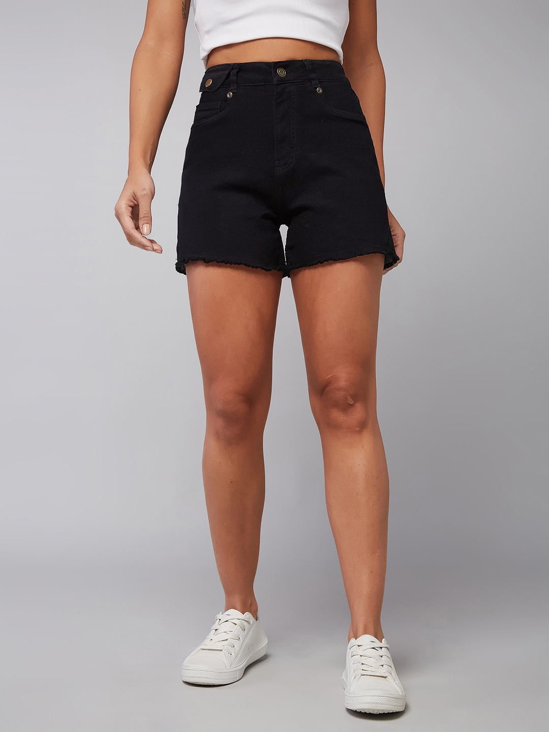 

DOLCE CRUDO Women Black Relaxed Fit High-Rise Raw Edge Denim Shorts