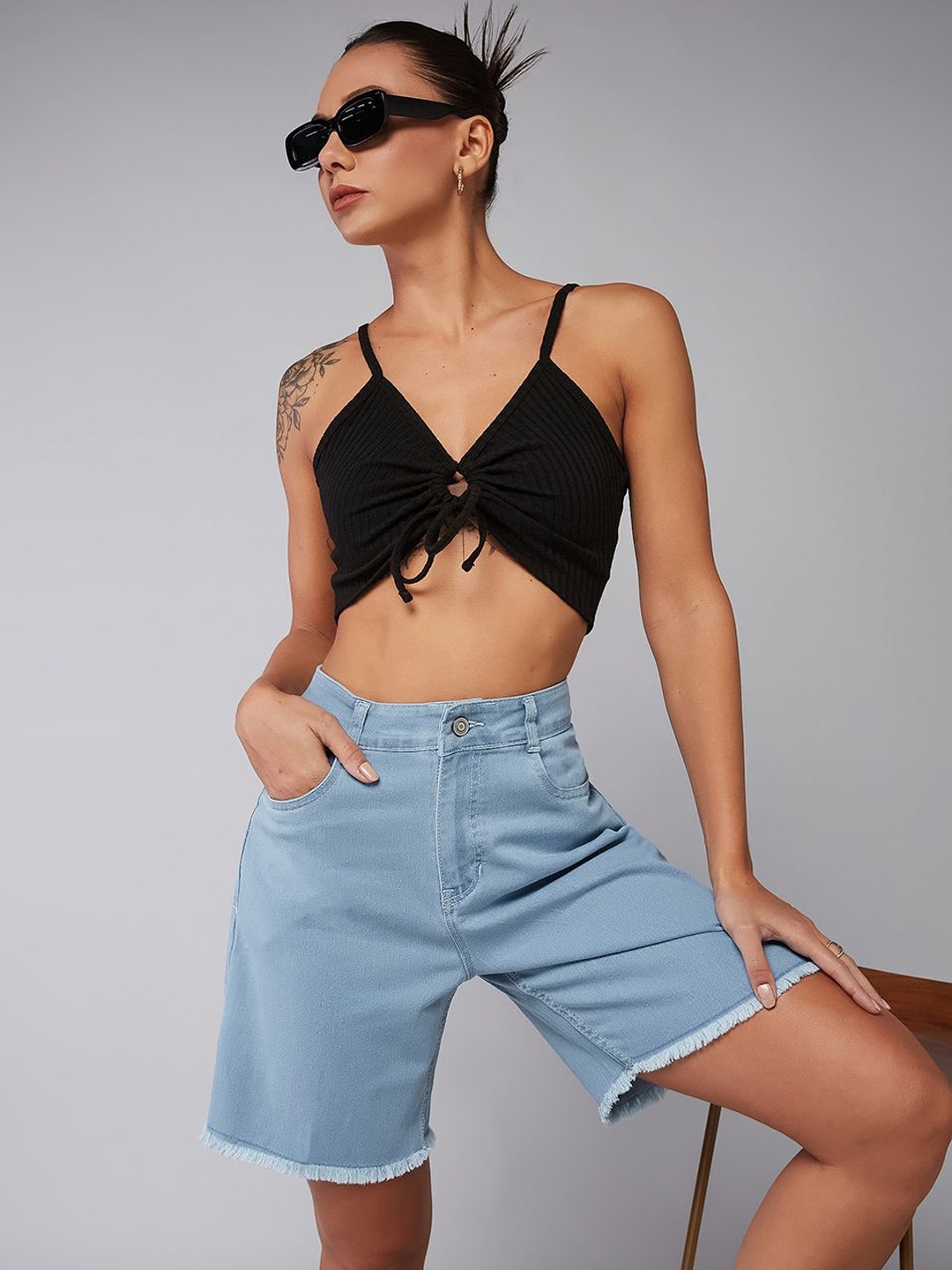 

DOLCE CRUDO Women Light Blue High-Rise Cotton Denim Shorts