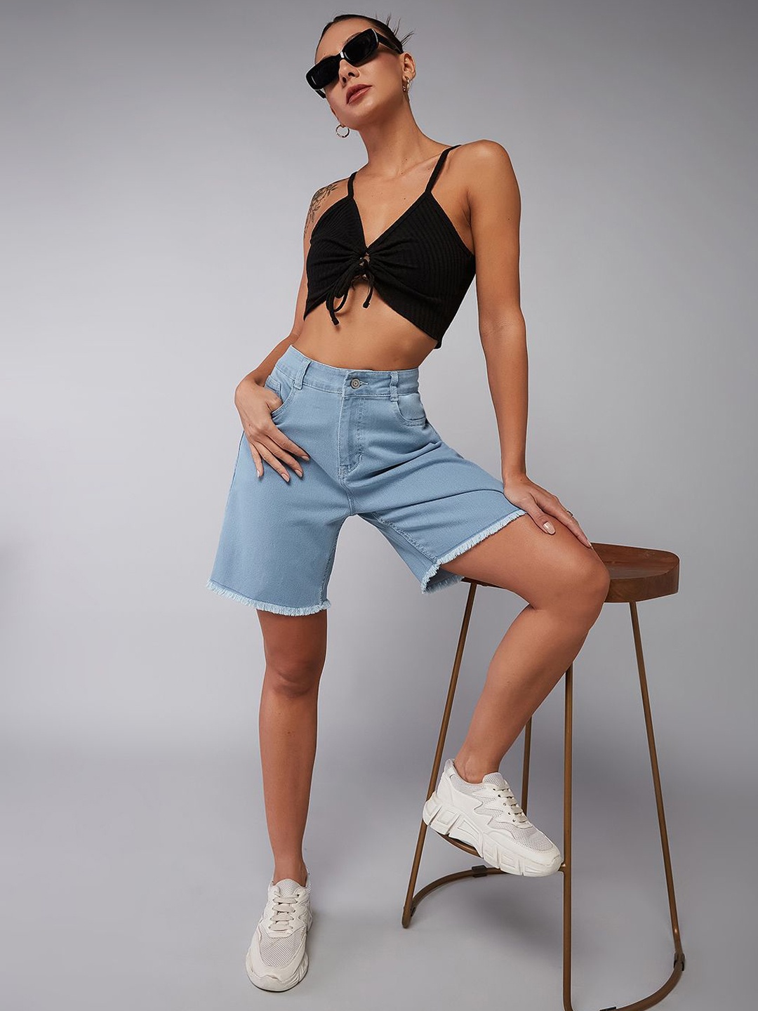 

DOLCE CRUDO Women Light Blue High-Rise Cotton Denim Shorts