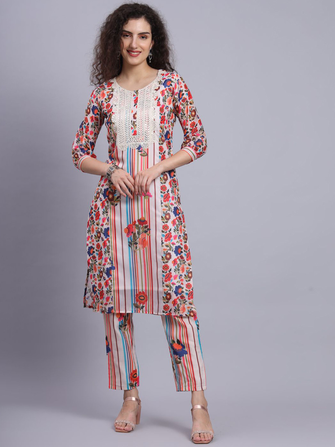 

FABDYOR Floral Printed Thread Work Chanderi Silk Straight Kurta With Trousers, Pink