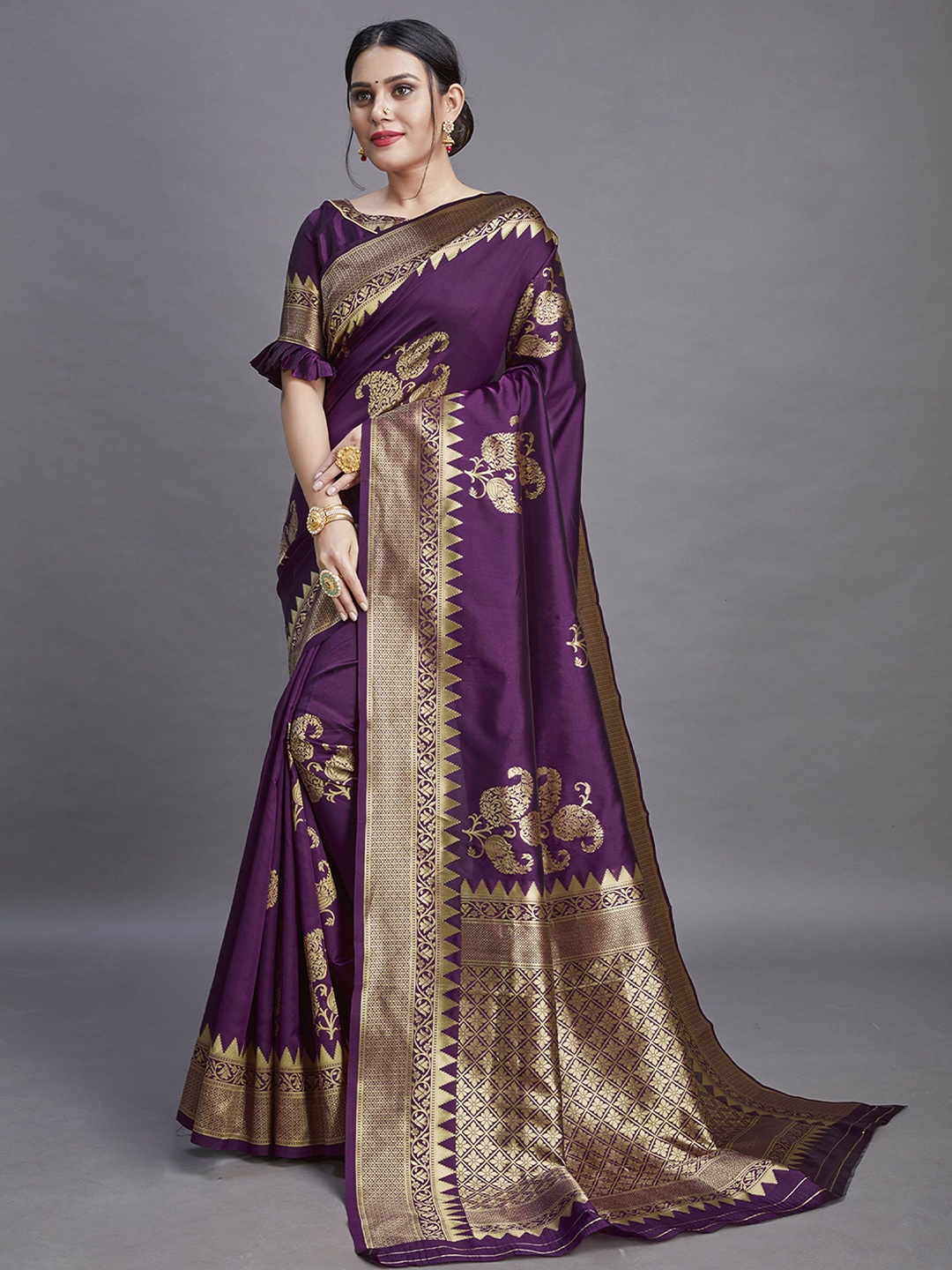 

DIVASTRI Ethnic Motifs Zari Pure Silk Banarasi Saree, Purple