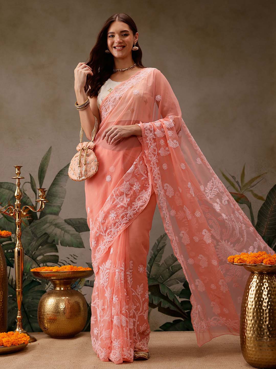 

ADA Ethnic Motifs Beads and Stones Saree, Peach