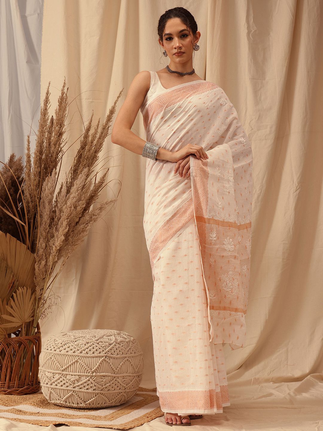 

ADA Ethnic Motifs Embroidered Chanderi Saree, White