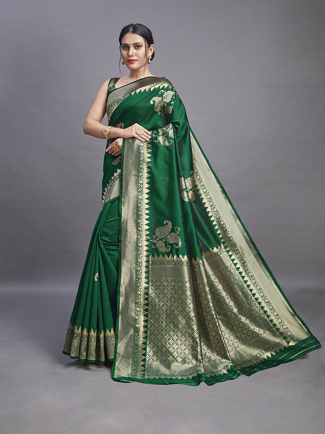 

Mitera Ethnic Motifs Zari Pure Silk Banarasi Saree, Green