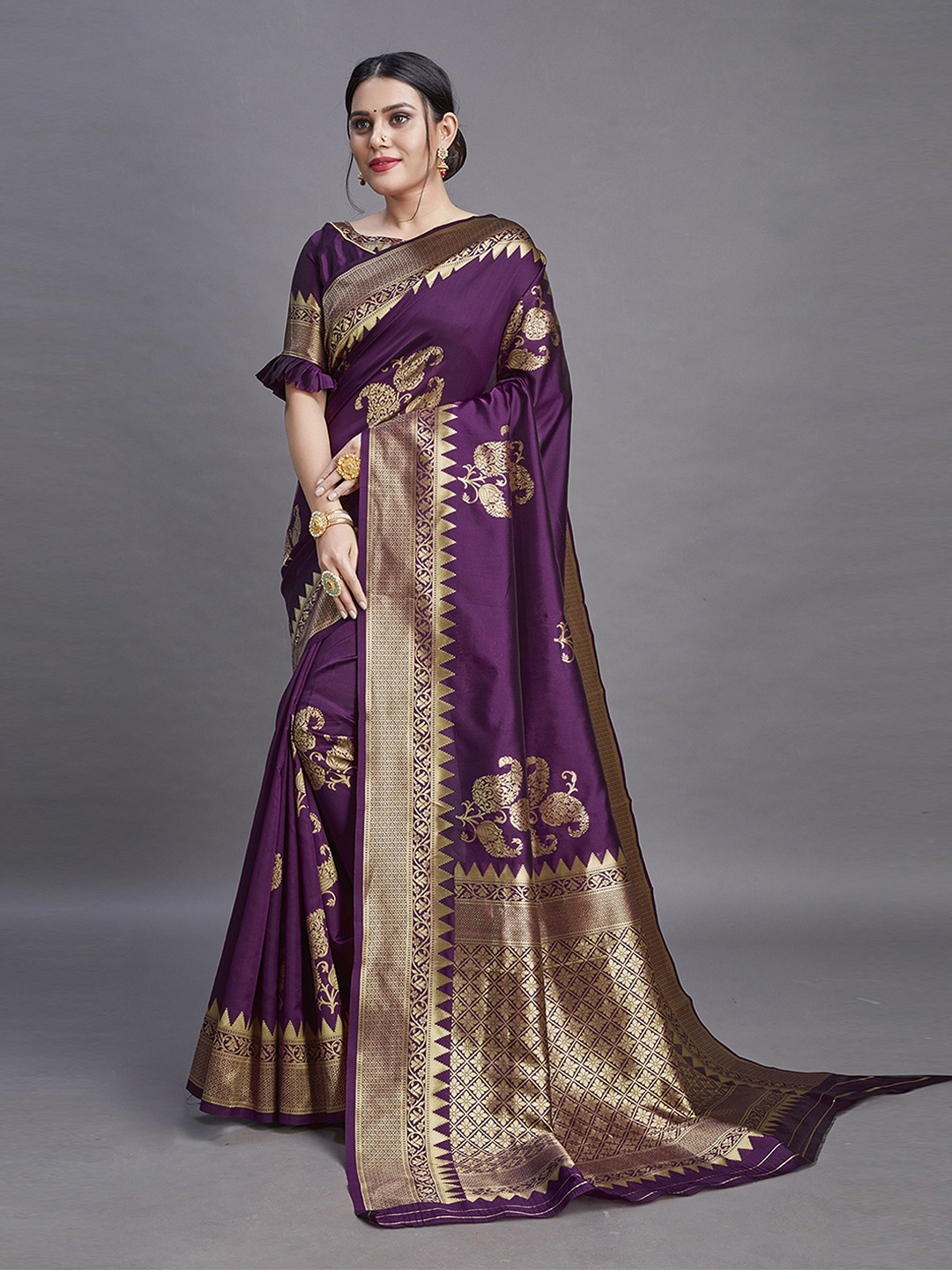 

KALINI Ethnic Motifs Zari Pure Silk Banarasi Saree, Purple