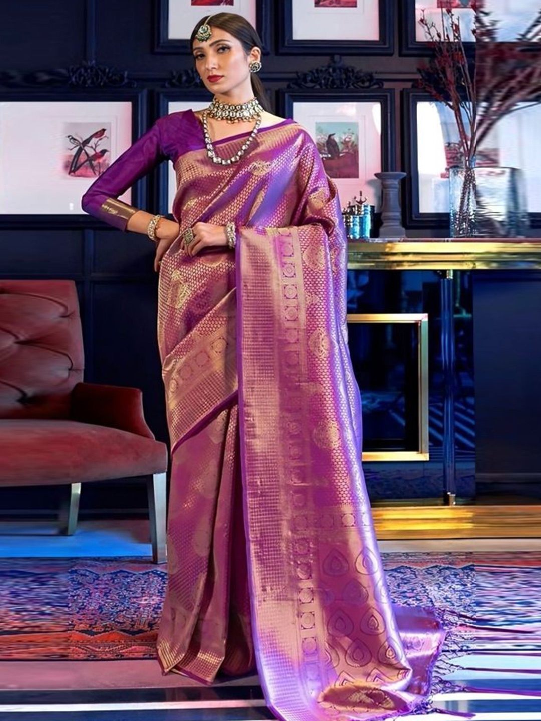 

KALINI Ethnic Motifs Zari Art Silk Banarasi Saree, Pink