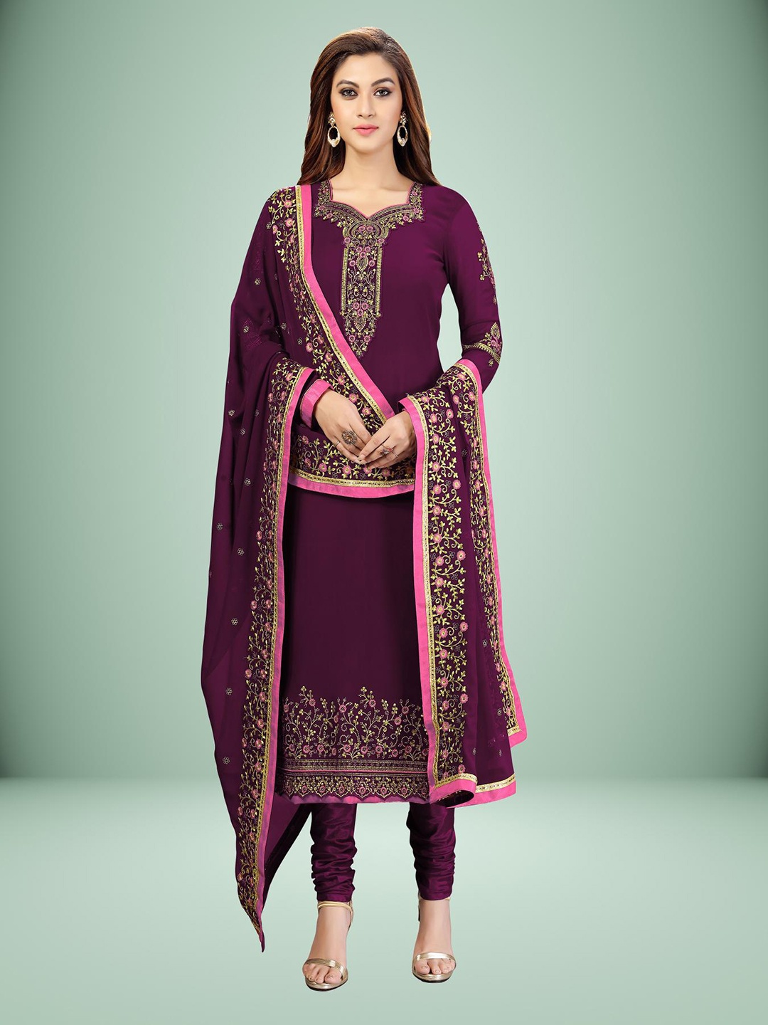 

Trendmalls Floral Embroidered Silk Georgette Unstitched Dress Material, Purple