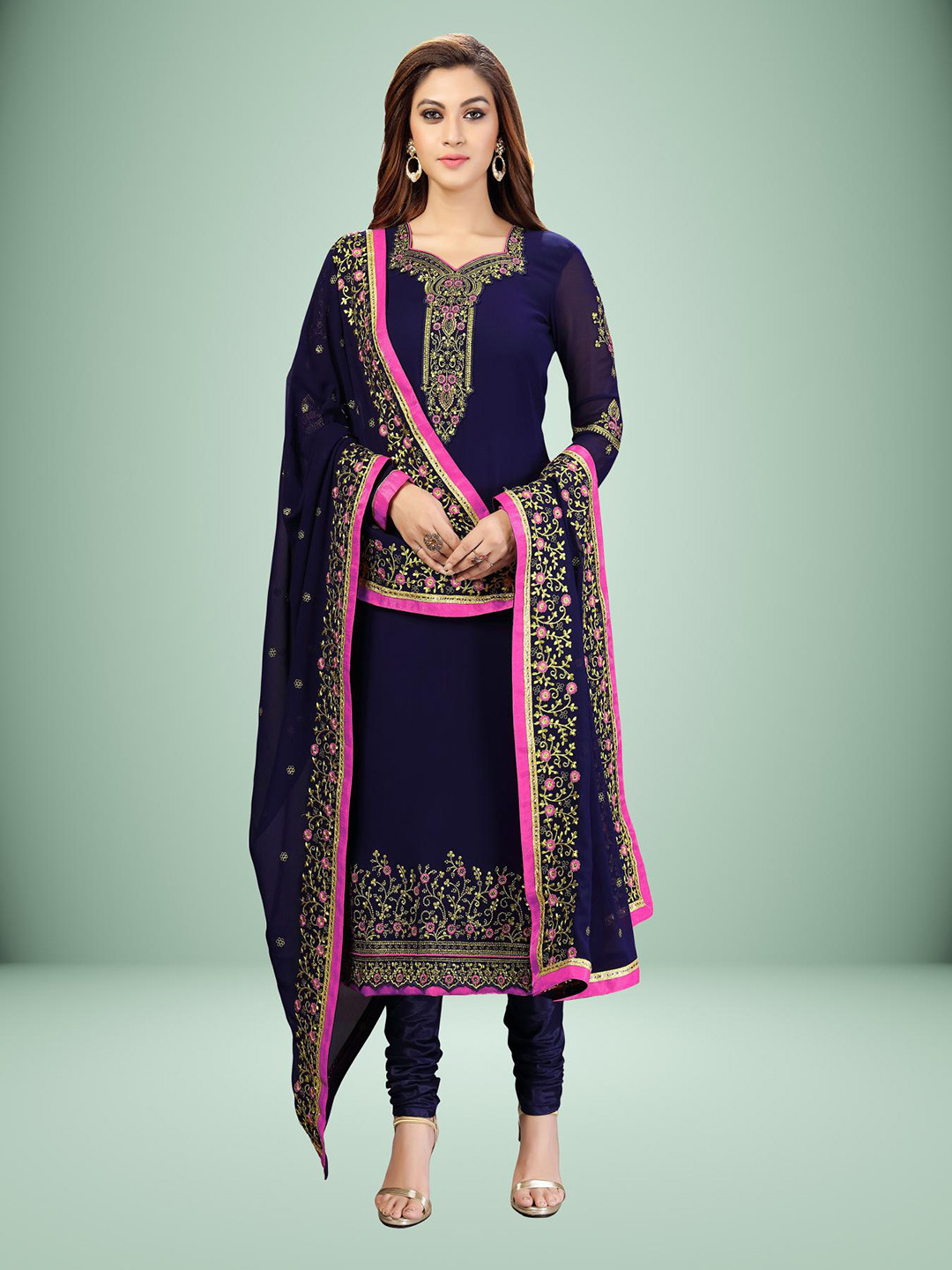 

Trendmalls Floral Embroidered Silk Georgette Unstitched Dress Material, Blue