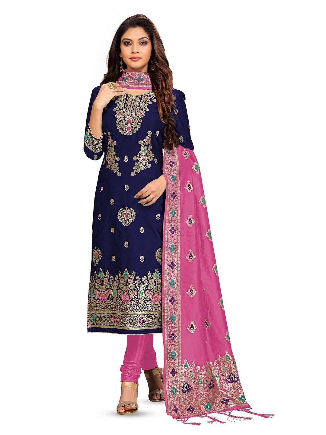 

Trendmalls Floral Embroidered Unstitched Dress Material, Blue
