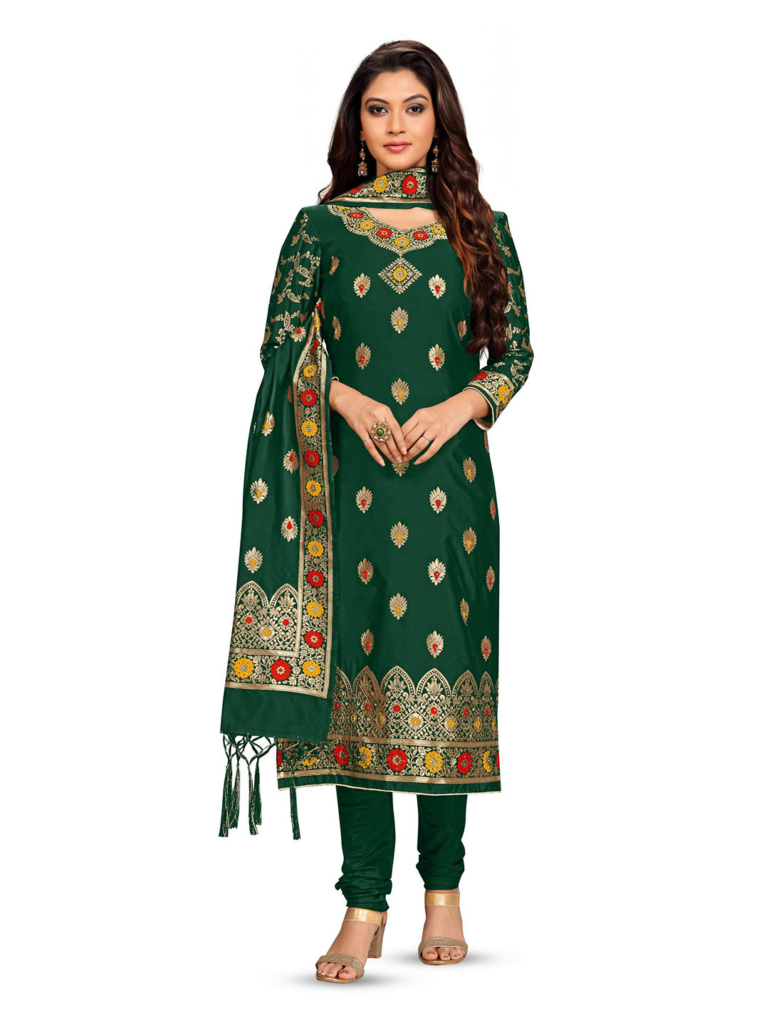 

Trendmalls Floral Embroidered Unstitched Dress Material, Green