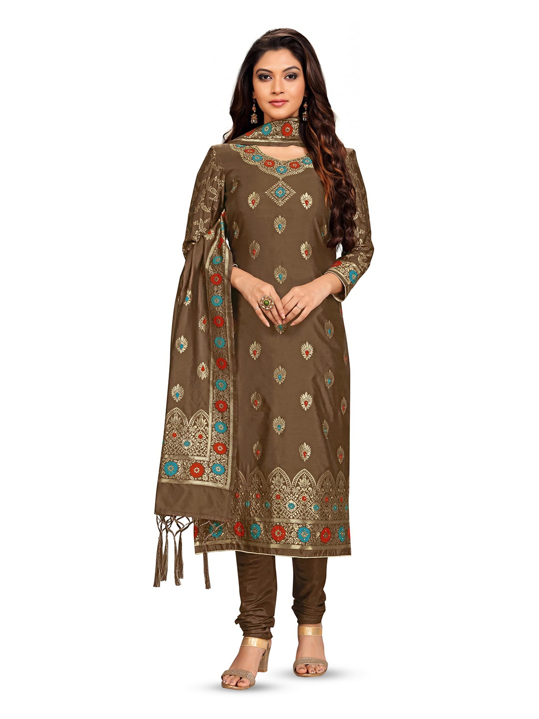 

Trendmalls Floral Embroidered Zari Silk Georgette Unstitched Dress Material, Brown