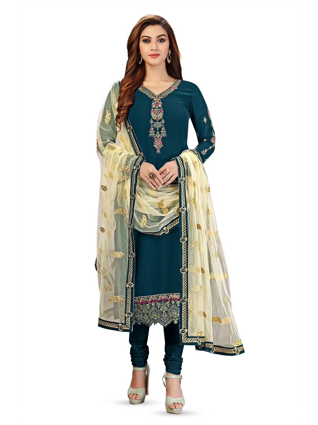 

Trendmalls Floral Embroidered Silk Georgette Unstitched Dress Material, Teal