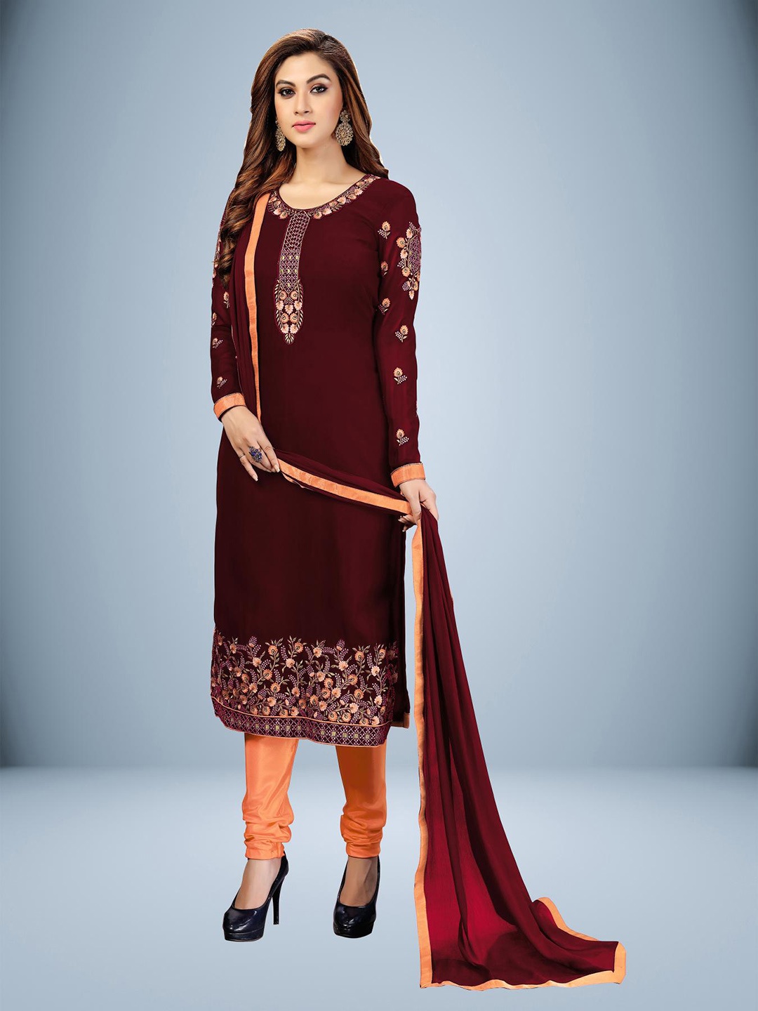 

Trendmalls Floral Embroidered Silk Georgette Unstitched Dress Material, Maroon