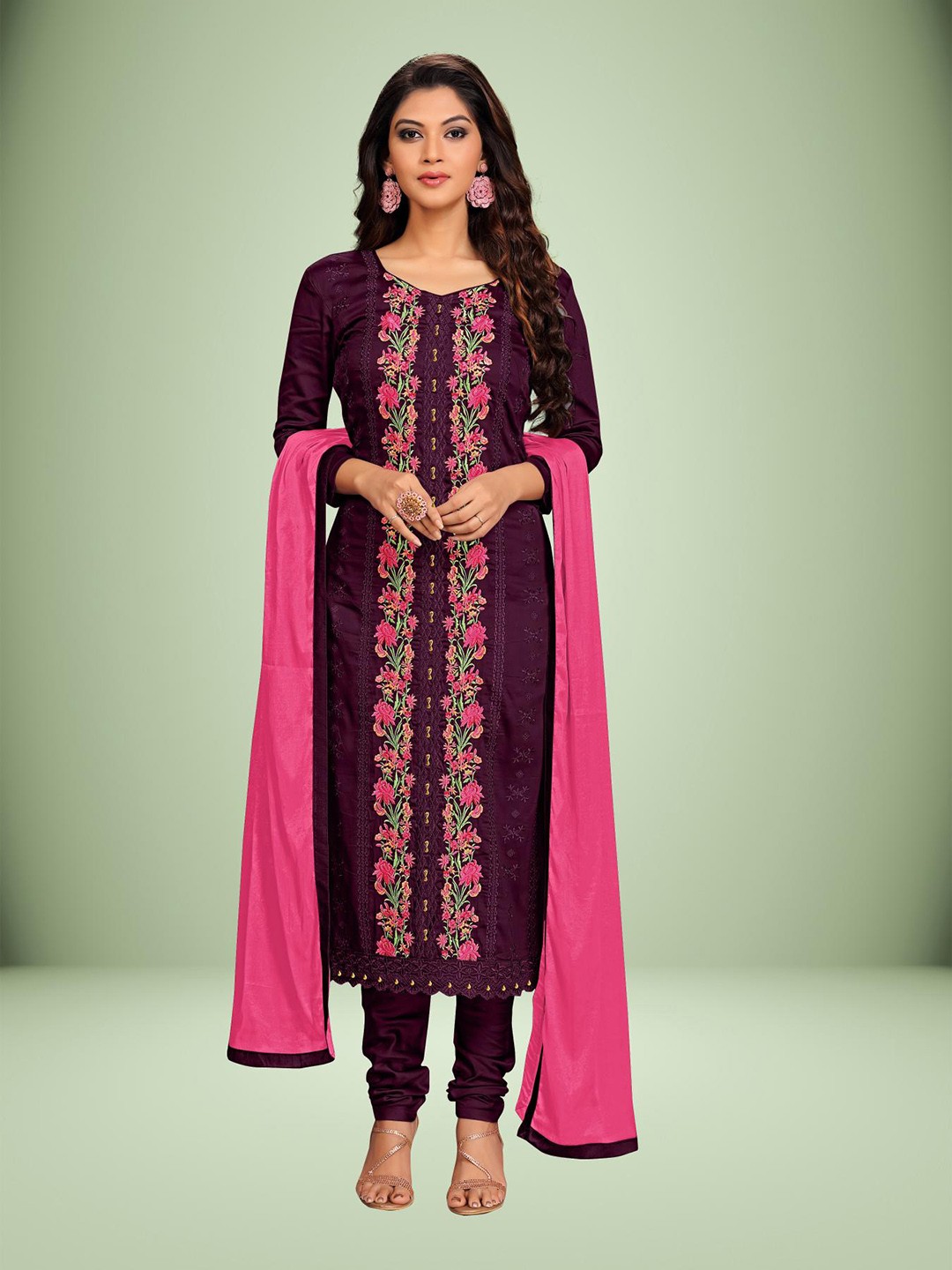 

Trendmalls Floral Embroidered Pure Cotton Unstitched Dress Material, Purple