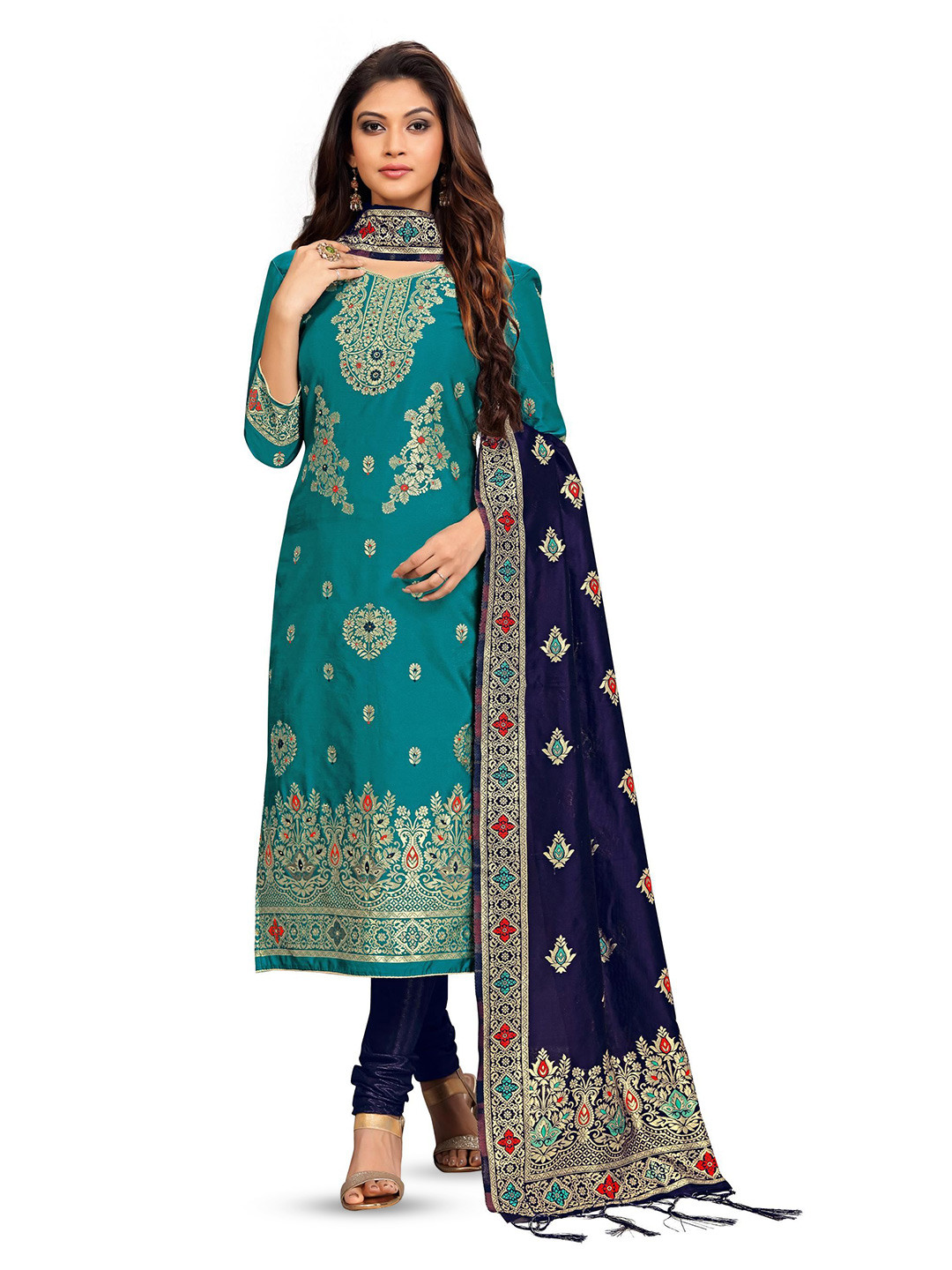 

Trendmalls Ethnic Motifs Embroidered Unstitched Dress Material, Turquoise blue