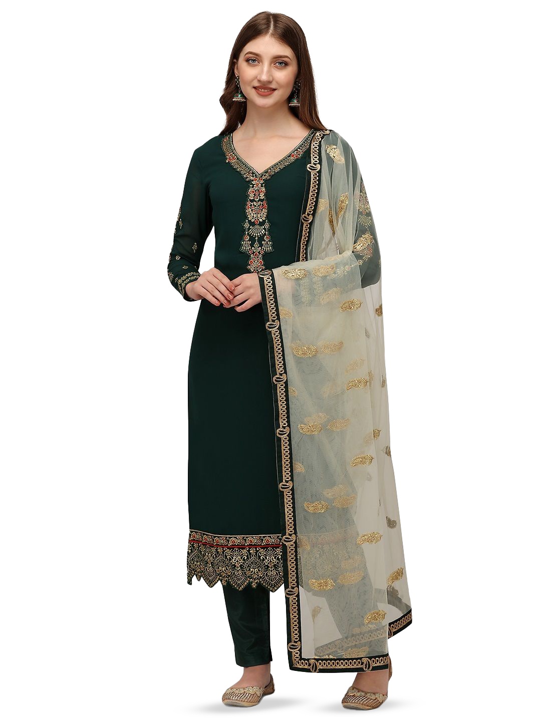 

Trendmalls Floral Embroidered Silk Georgette Unstitched Dress Material, Green