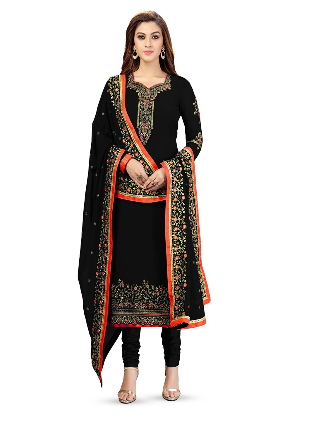 

Trendmalls Floral Embroidered Silk Georgette Unstitched Dress Material, Black