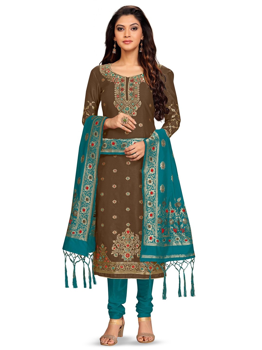 

Trendmalls Floral Embroidered Unstitched Dress Material, Brown