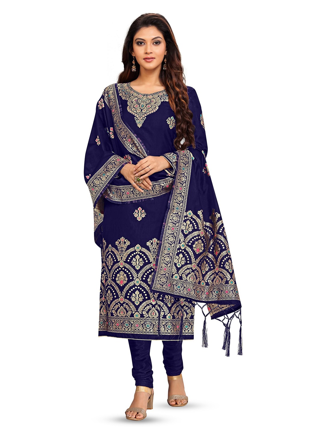 

Trendmalls Floral Embroidered Zari Unstitched Dress Material, Blue