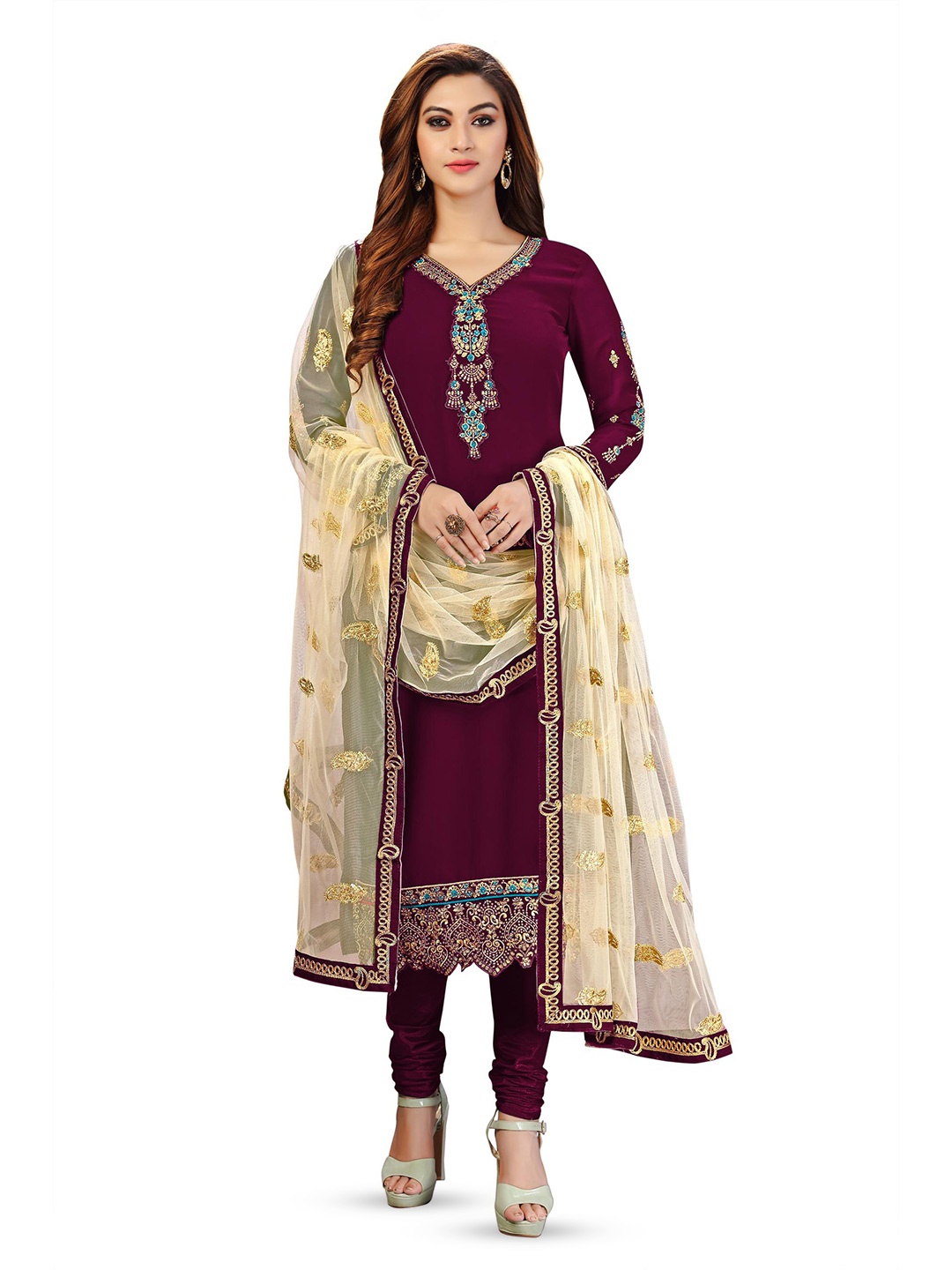 

Trendmalls Ethnic Motifs Embroidered Silk Georgette Unstitched Dress Material, Purple