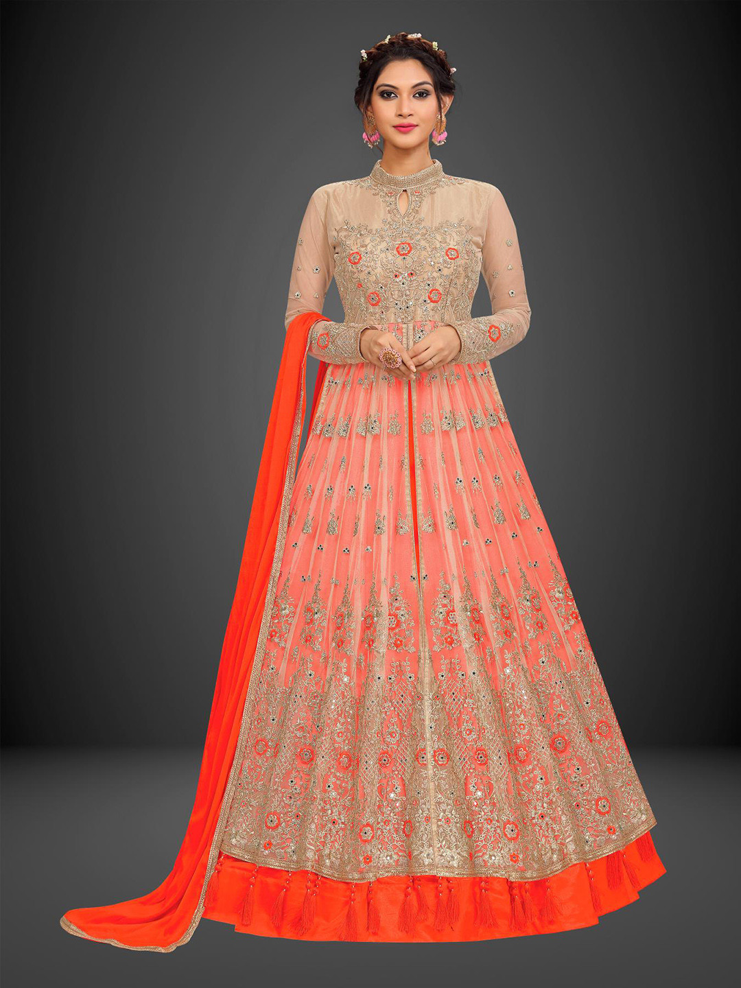

Trendmalls Floral Embroidered Silk Georgette Beads and Stones Unstitched Dress Material, Orange