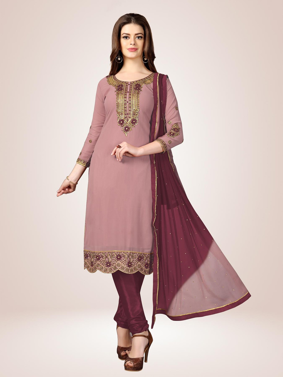 Trendmalls Floral Embroidered Silk Georgette Unstitched Dress Material, Pink