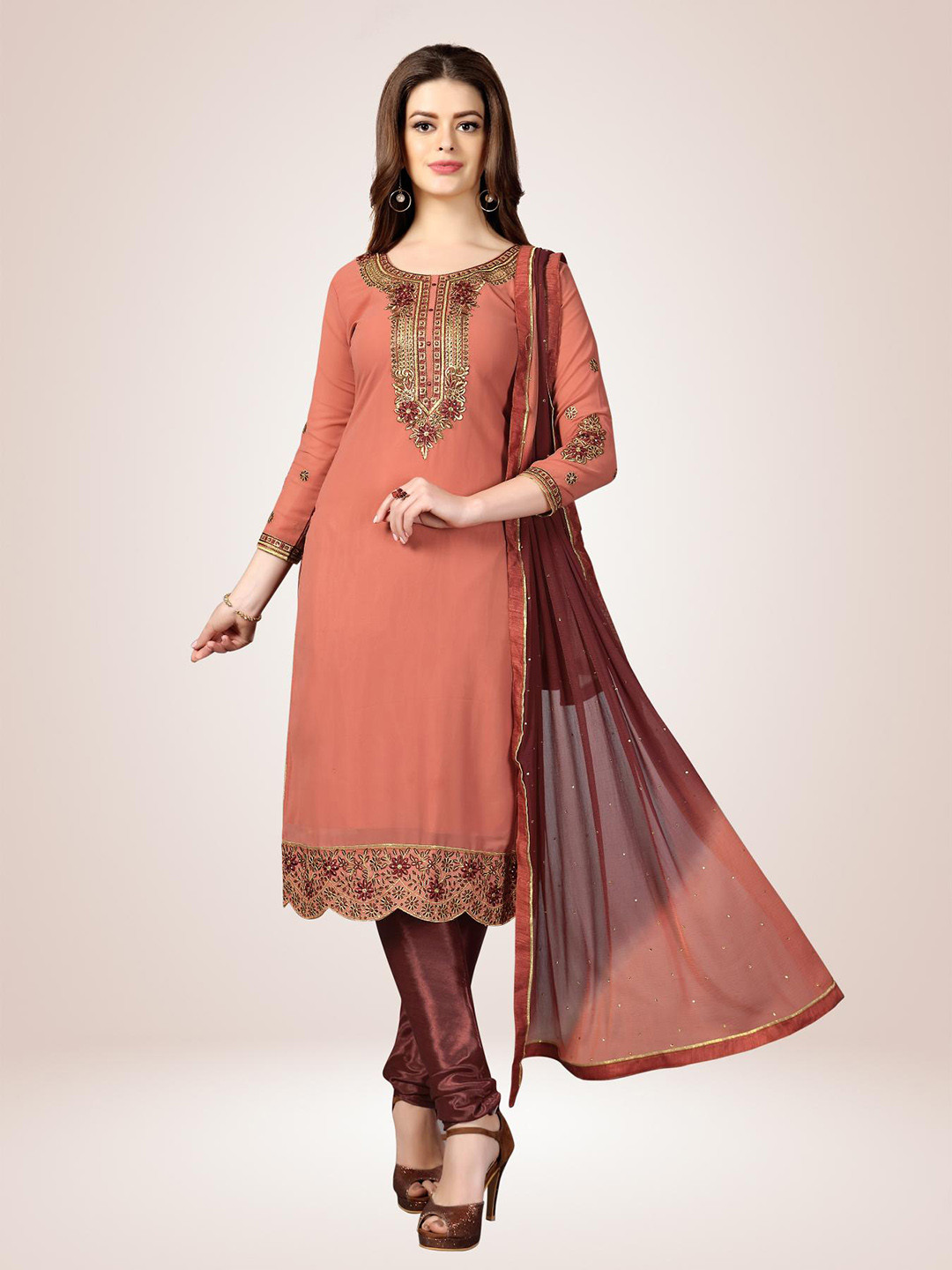 

Trendmalls Floral Embroidered Silk Georgette Unstitched Dress Material, Brown