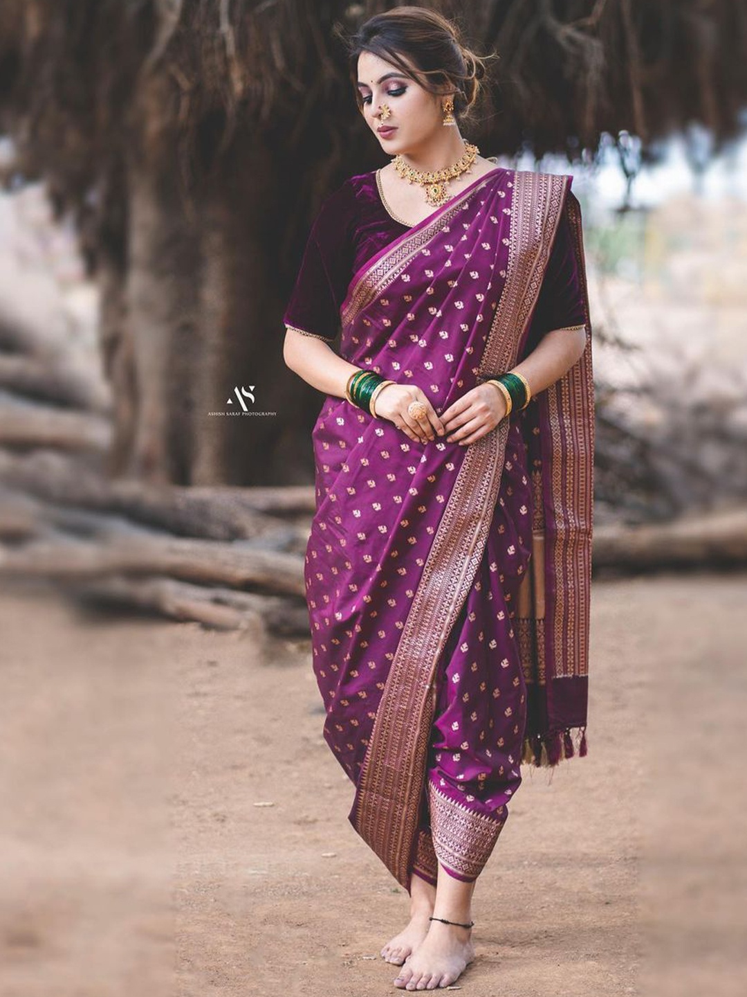 

bansari textiles Woven Design Cotton Banarasi Saree, Purple