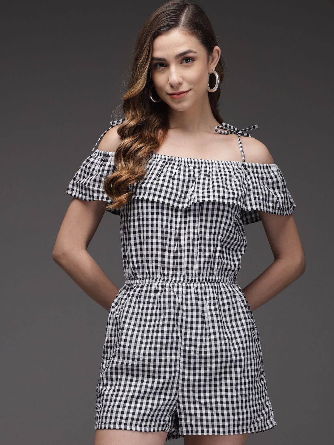 

TANDUL Checked Shoulder Straps Playsuit Jumpsuit, Grey