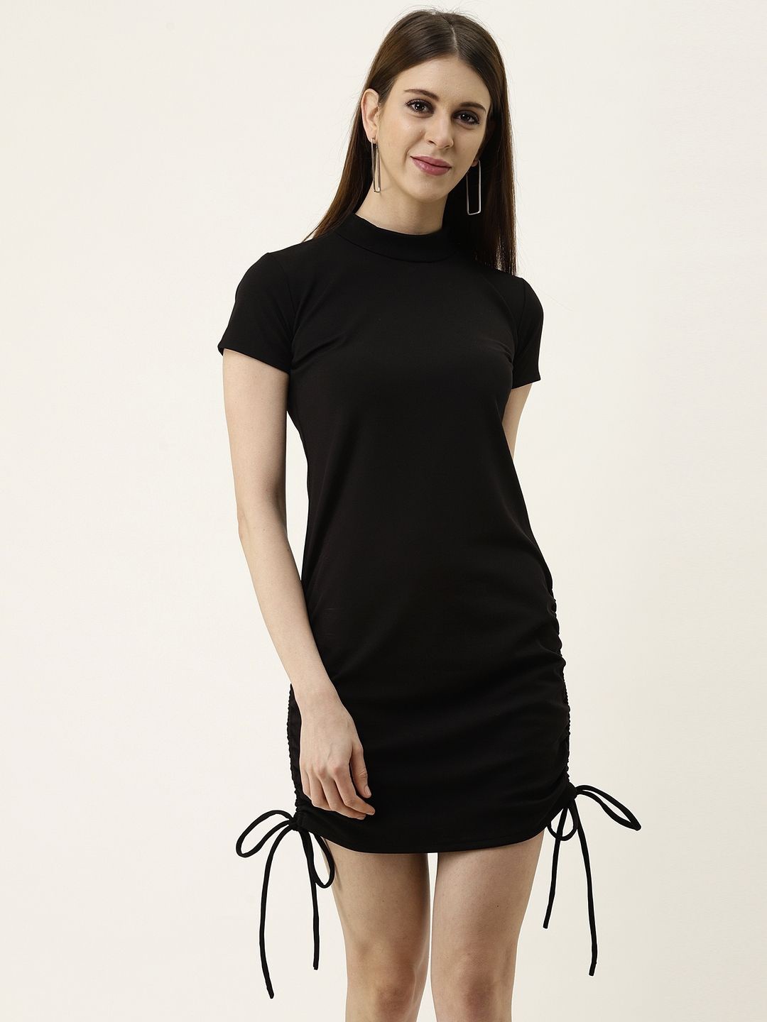 

TANDUL Mock Neck Short Sleeves Tie-Ups Ruched Mini Sheath Dress, Black