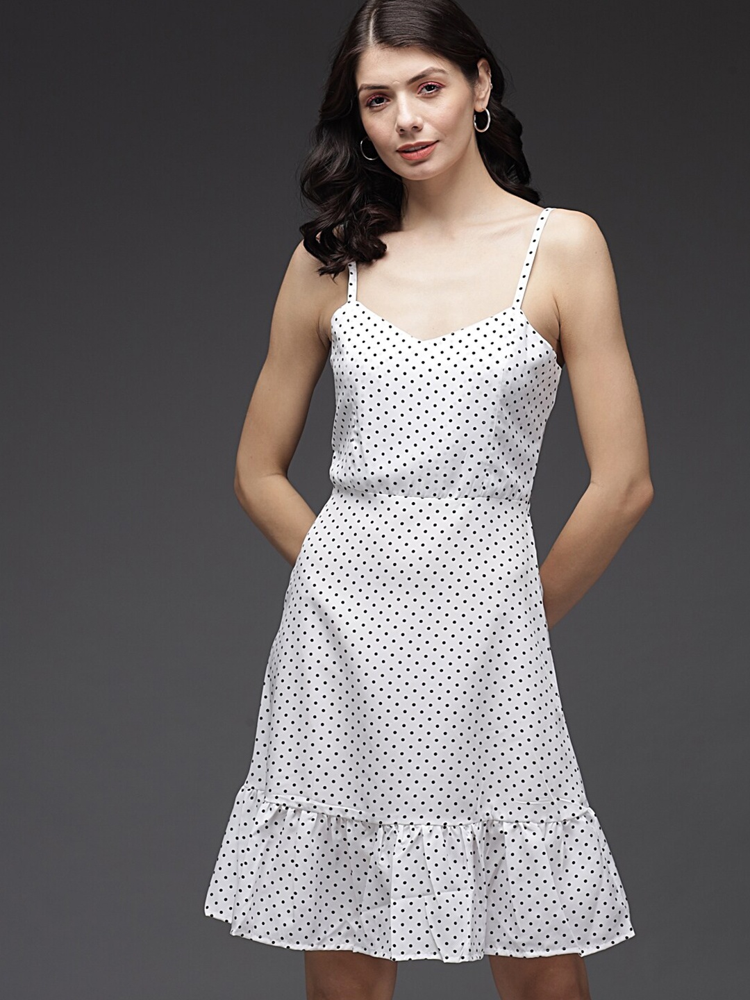 

TANDUL Women Polka Dot Printed Shoulder Straps Jacquard Fit & Flare Dress, White