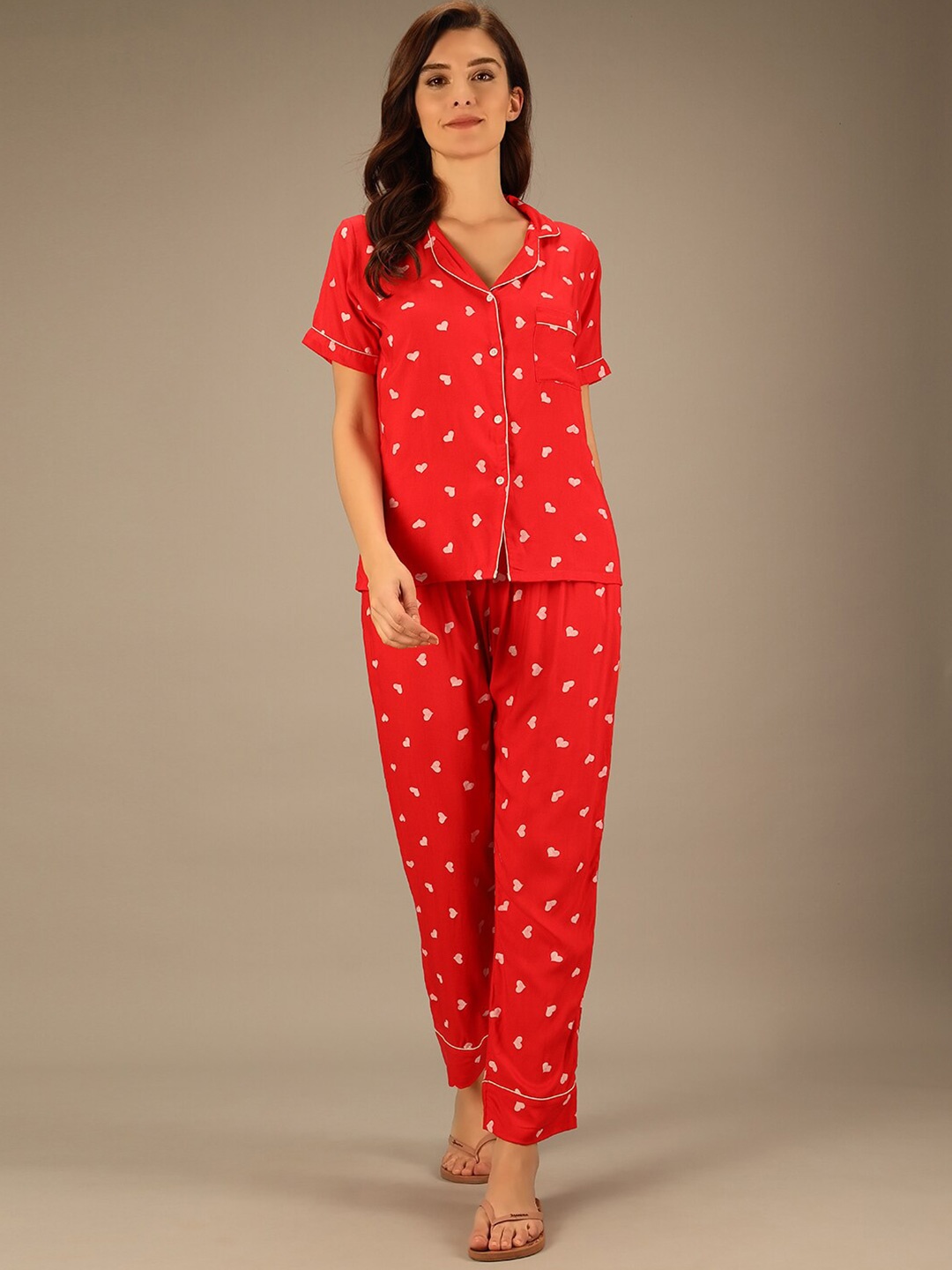 

TANDUL Conversational Printed Lapel Collar Night Suit, Red