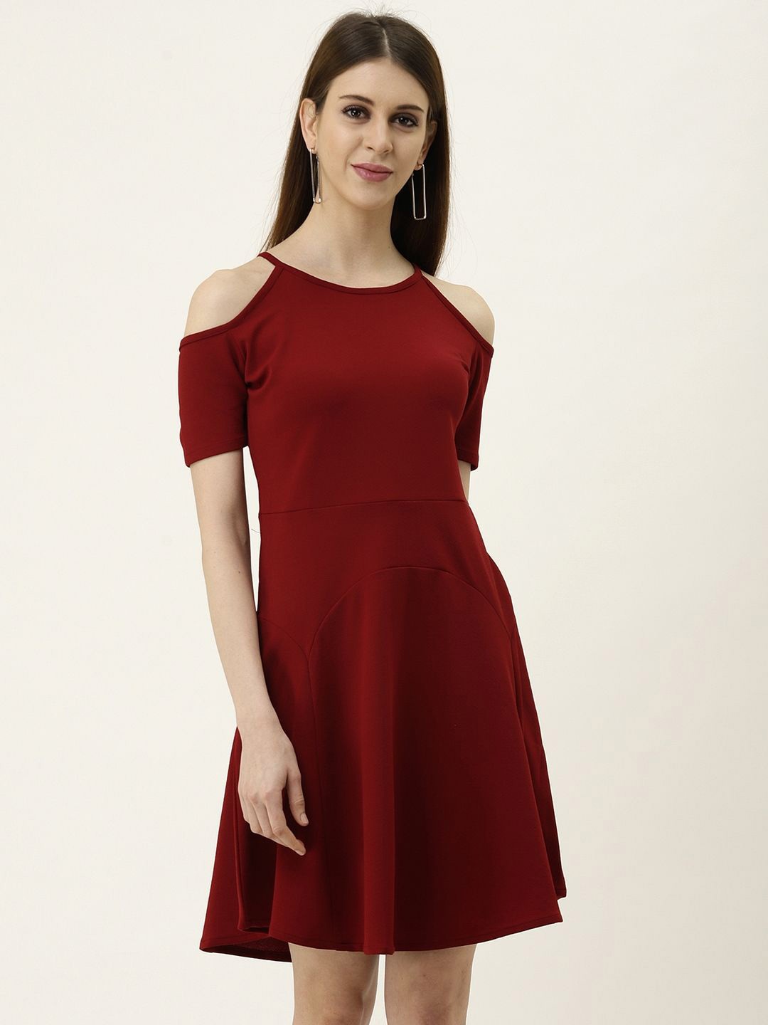 

TANDUL Shoulder Straps Cold Shoulder Sleeves Fit & Flare Dress, Maroon