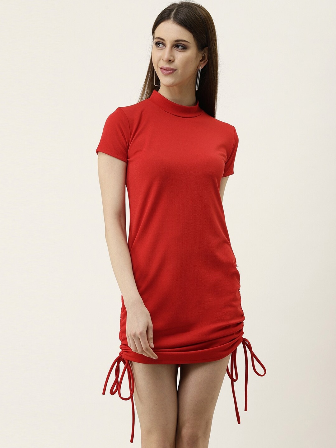 

TANDUL High Neck Short Sleeves Tie-Ups Ruched Mini Sheath Dress, Red